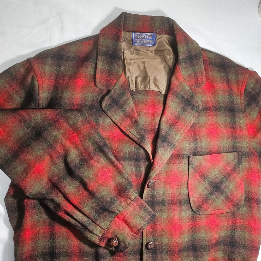 Vintage Pendleton Wool Board Jacket Red Green Shadow Plaid Large Mens Coat